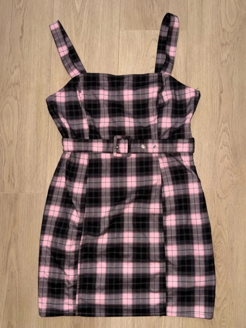 Divided H&M Pink and Black Plaid Mini Dress‎ with Belt